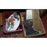 Two boxes of miscellaneous including a Mardrive engineers lamp, antique brass vent,