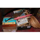 Two boxes of miscellaneous to include modern costume jewellery, needle work equipment, puppets etc.