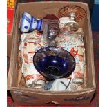 A box of ceramics and glass including a pair of Kutani vases, Venetian glass tazza, pair of rummers,