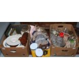 Three boxes of miscellaneous to include pottery, glassware, dolls etc.
