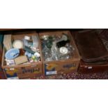 Two boxes of miscellaneous along with a leather Gladstone bag and suitcase to include Wedgwood