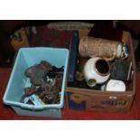 Two boxes of miscellaneous including West German art pottery, glasswares, metalwares, hand tools,