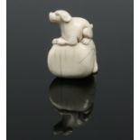 A Japanese Meiji period carved ivory netsuke. Formed as a dog seated upon a large sack, 4.5cm high.