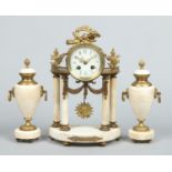 A 19th century French alabaster and gilt metal demi lune portico clock garniture.