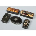 Five 19th century pressed horn snuff boxes,
