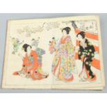 A Japanese Meiji period book containing coloured woodblock prints depicting bijin at various