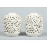 A pair of 20th century Chinese blanc de chine table lamp bases of pierced jar form.