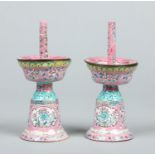 A pair of 19th century Cantonese enamelled incense holders with removable pans.