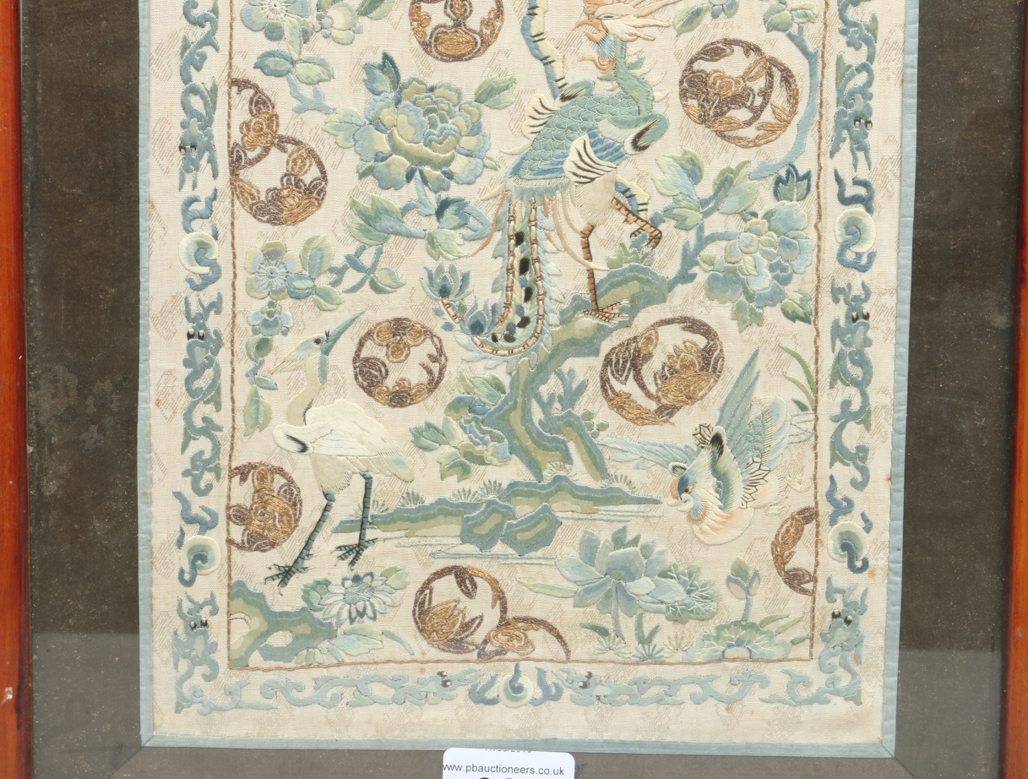 A pair of Chinese framed 19th century embroidered silk panels. - Image 2 of 7