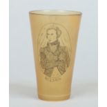 A conical horn glass bottomed beaker. Inscribed with a titled portrait of Nelson, 12.5cm.