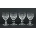 Four late Victorian wine glasses. With hobnail bands and flat cut bowls.