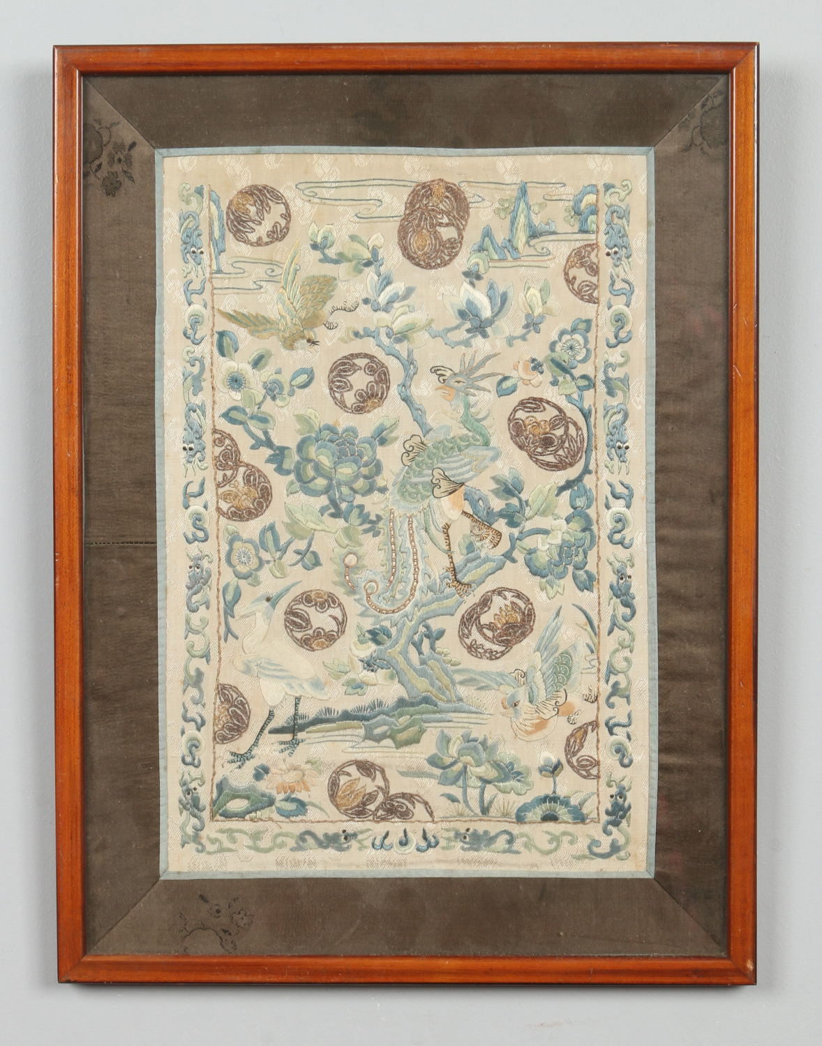 A pair of Chinese framed 19th century embroidered silk panels. - Image 6 of 7