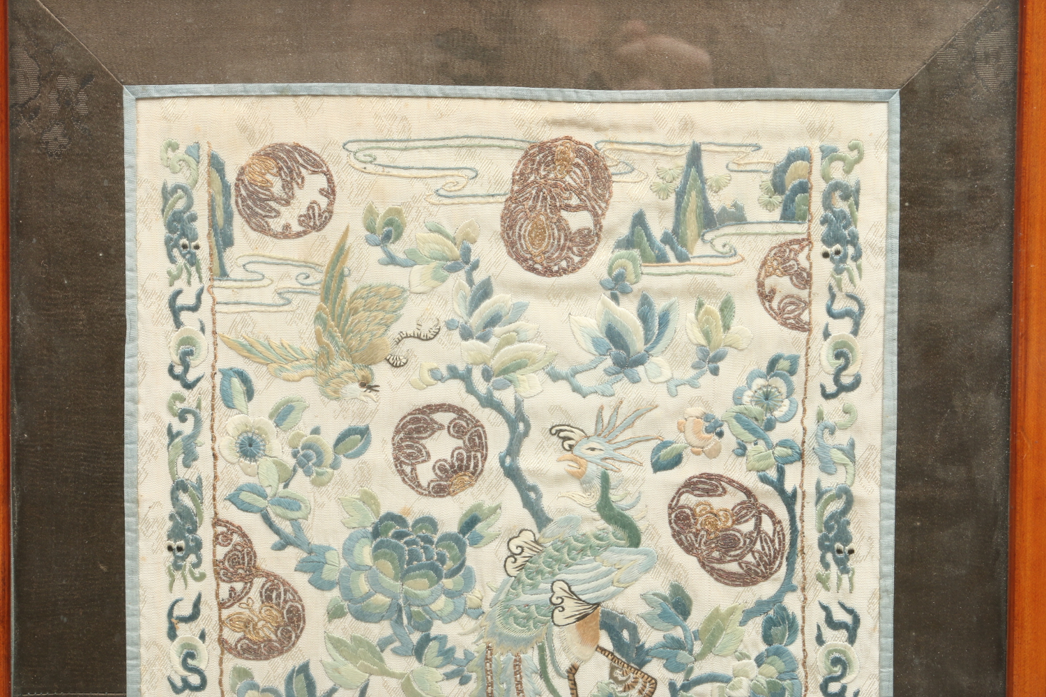 A pair of Chinese framed 19th century embroidered silk panels. - Image 5 of 7