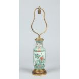 A Chinese famille vert rouleau vase converted to a tablelamp with gilt metal mounts, 55cm.