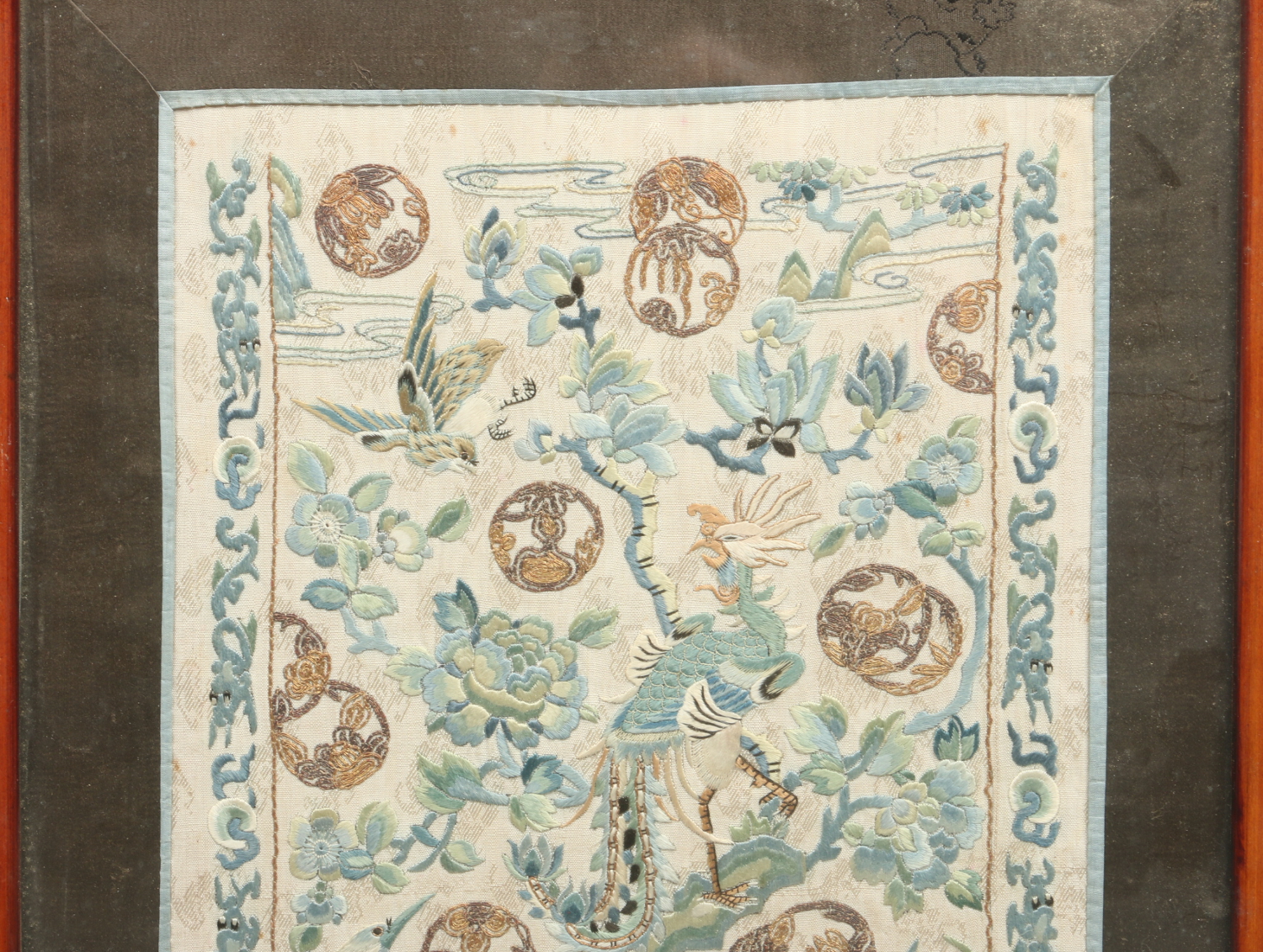 A pair of Chinese framed 19th century embroidered silk panels. - Image 3 of 7