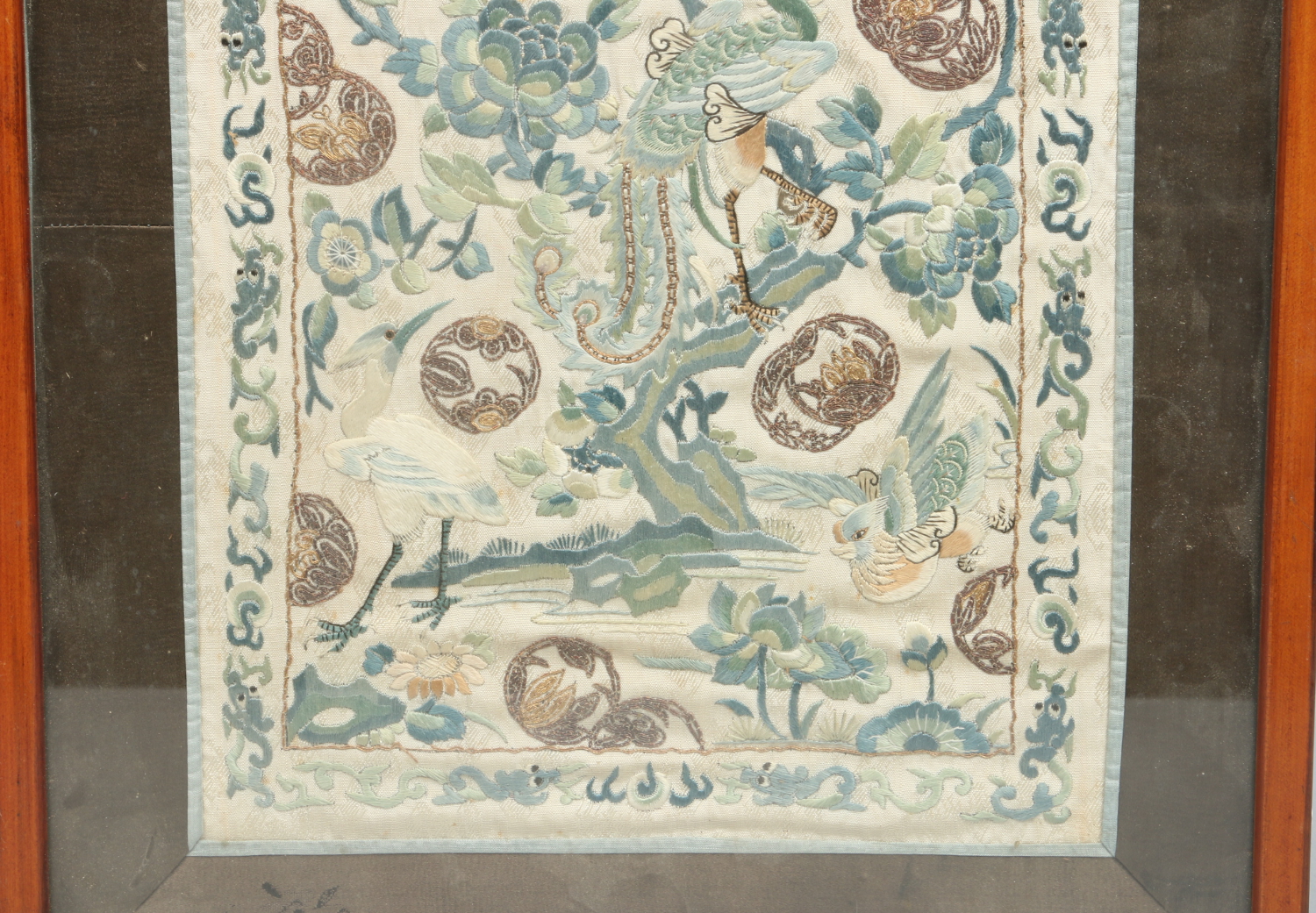 A pair of Chinese framed 19th century embroidered silk panels. - Image 4 of 7