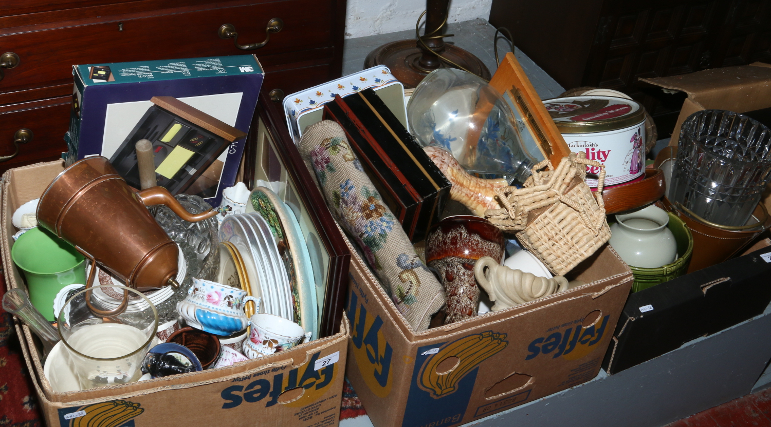 Three boxes of miscellaneous to include metalwares, tin money box, plant pots etc.