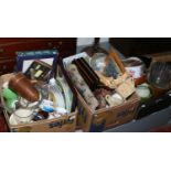 Three boxes of miscellaneous to include metalwares, tin money box, plant pots etc.