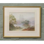 Macleod gilt framed watercolour, highland loch with cattle grazing in the foreground.