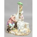 A 19th century Meissen porcelain figural group depicting a courting couple with dog and sheep.