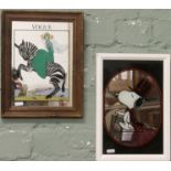 A framed advertising mirror for Vogue magazine 1926 and a Shulz Charlie Brown mirror depicting