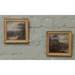 A pair of gilt framed oil on boards rural boating scenes, signed H. Keighley.