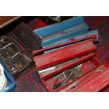 Two steel cantilever tool boxes and ammunition box and contetns of hand tools including spanners,