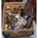 A box of mixed metalwares including a cloisonne vase, brasswares, mantel clocks etc,