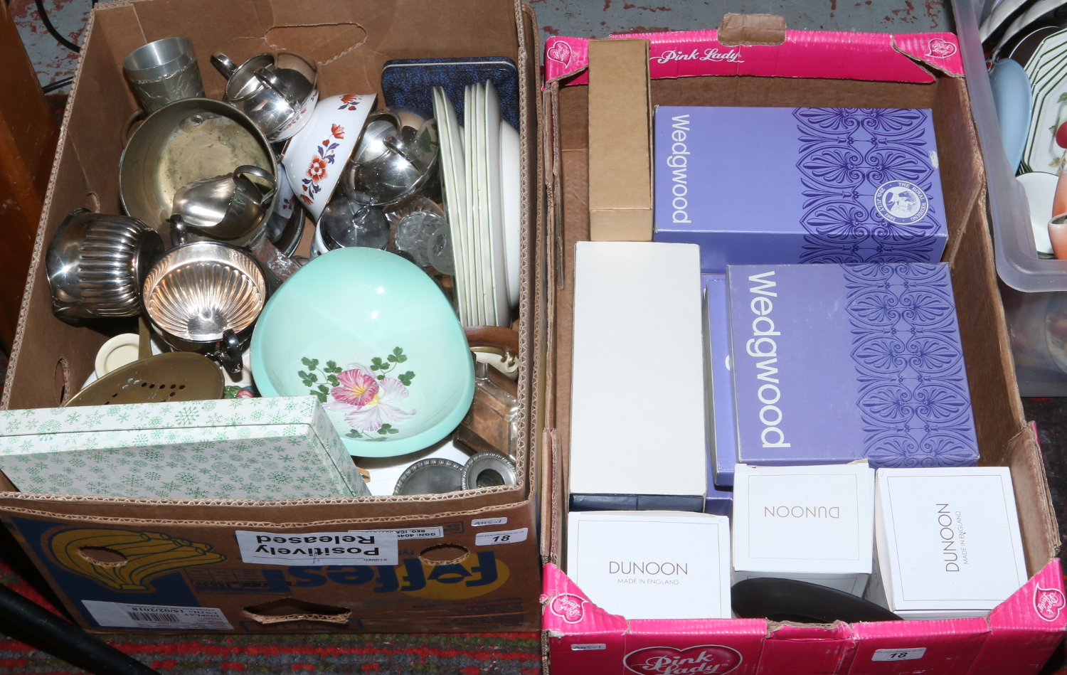 Two boxes of miscellaneous to include silver plate, boxed Wedgwood, Royal Worcester etc.