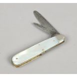 A multi tool folding pocket knife with mother of pearl scales.