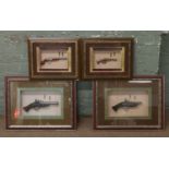 Four framed decorative replica pistols including two Flintlock style examples.
