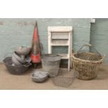 A potato pickers basket, pair of painted step ladders, alluminium light shades,