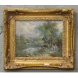 A gilt framed oilograph, river landscapes.