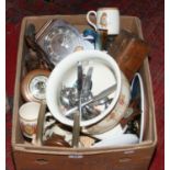 A box of miscellaneous ceramics, glass, barometer and ornaments to include commemorative wares,