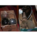 Two boxes of metalwares including three hurricane lanterns, a guttering hopper,