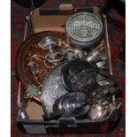 A box of metalwares including four part silver plate tea service in gallery tray copper wall plate