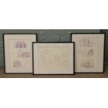 Three framed architectural drawings.