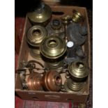 A box of oil lamp parts brass / copper lamp bases, glass fonts and burners etc.