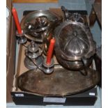 A box of silver plated metalwares to include large soup tureen, teapot and candelsrbra etc.