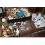 Four boxes of mixed pottery, china and glass including commemorative ware and posy bowls etc.