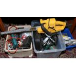 Three boxes of tools to inlcude Dewalt, alligator saw, Black & Decker, Bosh etc.