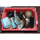 A box of kitchenalia including weighing scales, pestle and mortars, flatwares, storage tins etc.