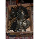 A box of mixed metalwares including a cast iron waffle iron, set of copper pans, silver plate etc.