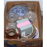 A box of cut glass and collectors plates etc, including Wedgwood and Adams.