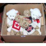 Five TY collector teddy bears including Canada, America and Great Britain.