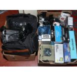 Two boxes of photographic equipment including digital video camera,