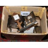 A box of vintage clocks including Smiths and a novelty example with musical movement.