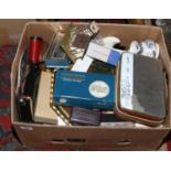 A box of old tins, radios and fans etc.