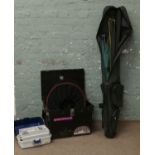 A collection of fishing equipment including a Mitchell Match Strong Deluxe 393 fishing rod,