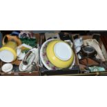 Three boxes of miscellaneous including fishing reels, ceramics, glasswares and jug and bowl.